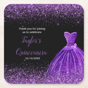 Quinceanera Mörk Lila Faux Glitter Underlägg Papper Kvadrat