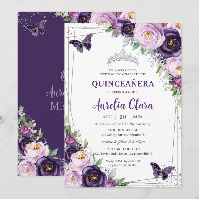 Quinceañera Mörk Lila Lilac Blommigt Butterflies Inbjudningar (Fram/baksida)