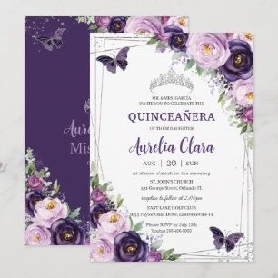 Quinceañera Mörk Lila Lilac Blommigt Butterflies Inbjudningar