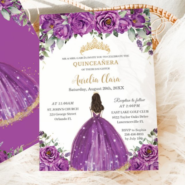 Quinceañera Mörk Magenta Lila Blommigt Princess Inbjudningar (Skapare uppladdad)