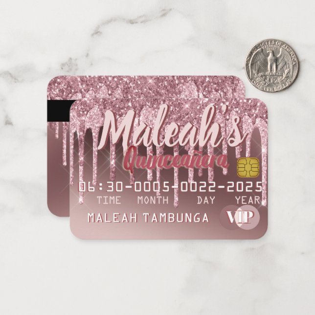 Quinceañera Mörk Ro Guld & Rosa Glitter Drift Anteckningskort (Fram/Back In Situ)