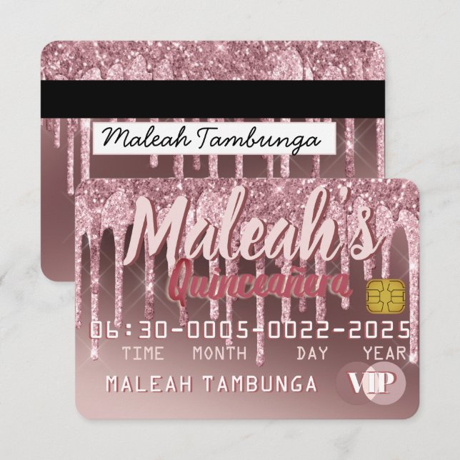 Quinceañera Mörk Ro Guld & Rosa Glitter Drift Inbjudningar (Fram/baksida)