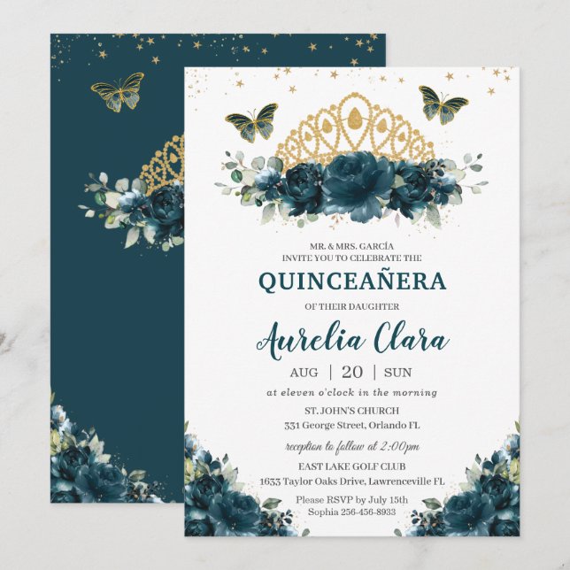 Quinceañera Mörk Teal Blommigt Butterflies Krona Inbjudningar (Fram/baksida)