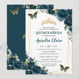 Quinceañera Mörk Teal Peacock Blommigt Butterflies Inbjudningar