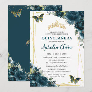 Quinceañera Mörk Teal Peacock Blommigt Butterflies Inbjudningar