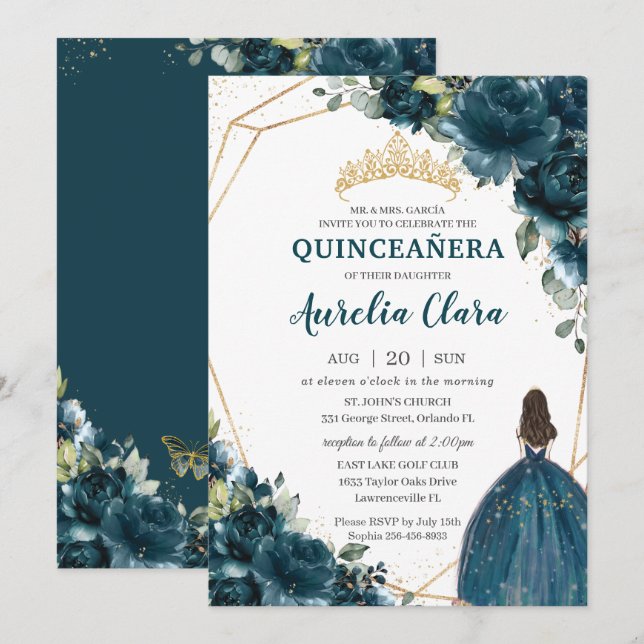 Quinceañera Mörk Teal Peacock Blommigt Princess Inbjudningar (Fram/baksida)