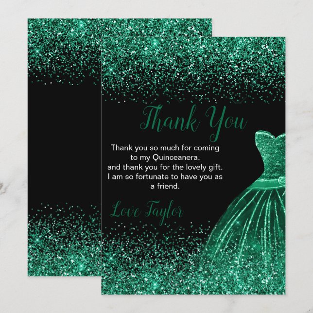 Quinceanera Mörkgrön Klänning Falskt Glitter Tack Kort (Fram/baksida)
