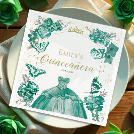 Quinceanera Napkins Emerald Grönt Dress Blommigt Pappersservett