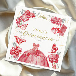 Quinceanera Napkins Red Dress Blommigt Gold Foil Pappersservett