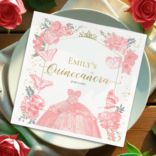Quinceanera Napkins Rosa Dress Blommigt Gold Foil Pappersservett (Skapare uppladdad)