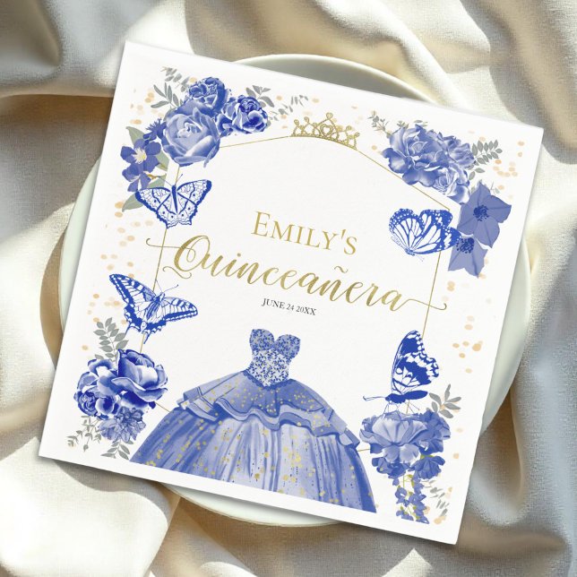Quinceanera Napkins Royal Blue Dress Blommigt Pappersservett (Skapare uppladdad)