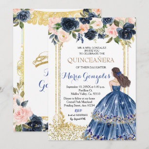 Quinceanera Navy Blåa blommor Guld bjudande in Inbjudningar