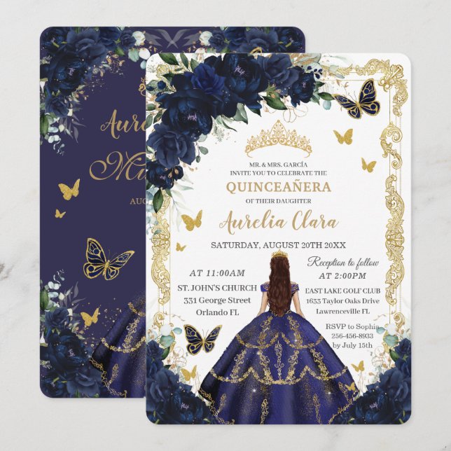 Quinceañera Navy Blåa blommor Guld Princess Inbjudningar (Fram/baksida)