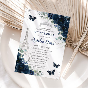 Quinceañera Navy Blommigt Paris Eiffel Butterflies Inbjudningar