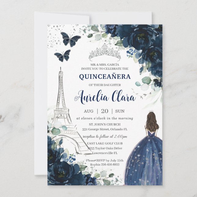 Quinceañera Navy Blommigt Paris Eiffel Princess Go Inbjudningar (Framsida)