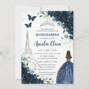 Quinceañera Navy Blommigt Paris Eiffel Princess Go Inbjudningar