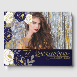 Quinceanera Navy Blue Blommigt Botanical Gästböcker