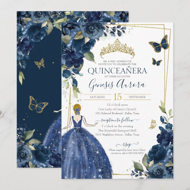 Quinceañera Navy Blue Blommigt Butterflies and Dre Inbjudningar (Fram/baksida)
