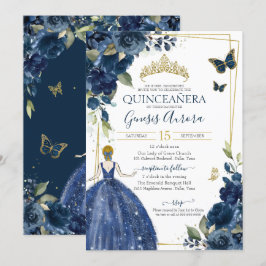 Quinceañera Navy Blue Blommigt Butterflies and Dre Inbjudningar