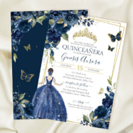Quinceañera Navy Blue Blommigt Butterflies and Dre Inbjudningar
