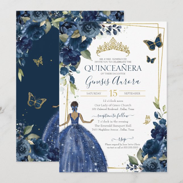 Quinceañera Navy Blue Blommigt Butterflies and Dre Inbjudningar (Fram/baksida)