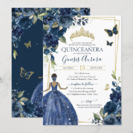 Quinceañera Navy Blue Blommigt Butterflies and Dre Inbjudningar