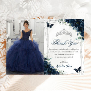 Quinceañera Navy Blue Blommigt Butterflies Bild Tack Kort