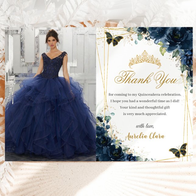 Quinceañera Navy Blue Blommigt Butterflies Bild Tack Kort (Skapare uppladdad)