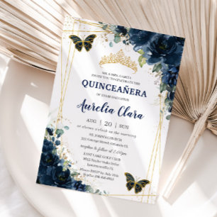 Quinceañera Navy Blue Blommigt Butterflies Krona Inbjudningar