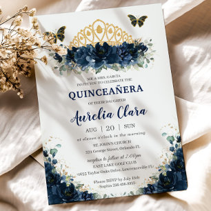 Quinceañera Navy Blue Blommigt Butterflies Krona Inbjudningar