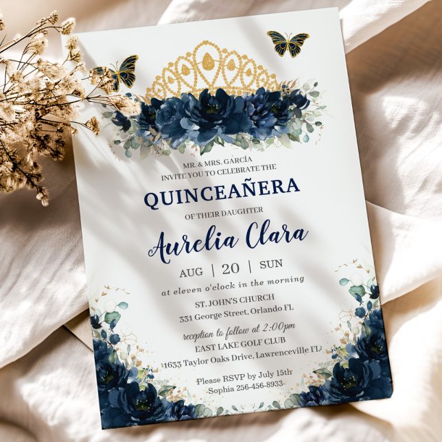 Quinceañera Navy Blue Blommigt Butterflies Krona Inbjudningar (Skapare uppladdad)