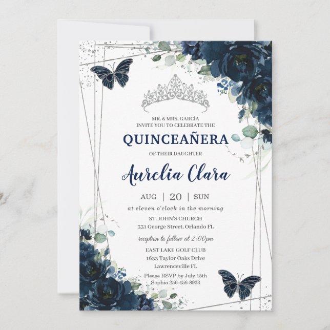 Quinceañera Navy Blue Blommigt Butterflies Silver Inbjudningar (Framsida)