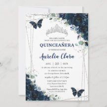 Quinceañera Navy Blue Blommigt Butterflies Silver