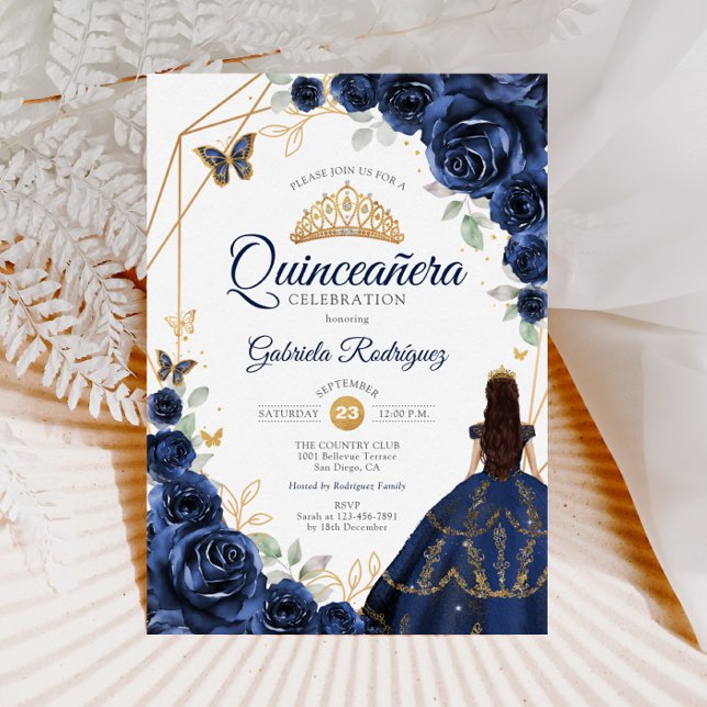 Quinceanera Navy Blue Blommigt Dress Guld Inbjudningar (Skapare uppladdad)