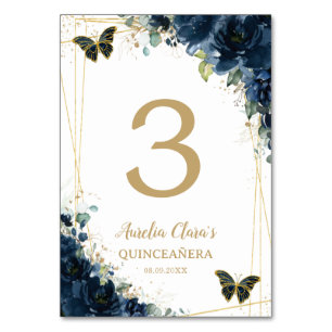 Quinceañera Navy Blue Blommigt Guld Butterflies Bordsnummer