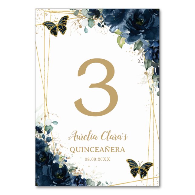 Quinceañera Navy Blue Blommigt Guld Butterflies Bordsnummer (Framsidan)