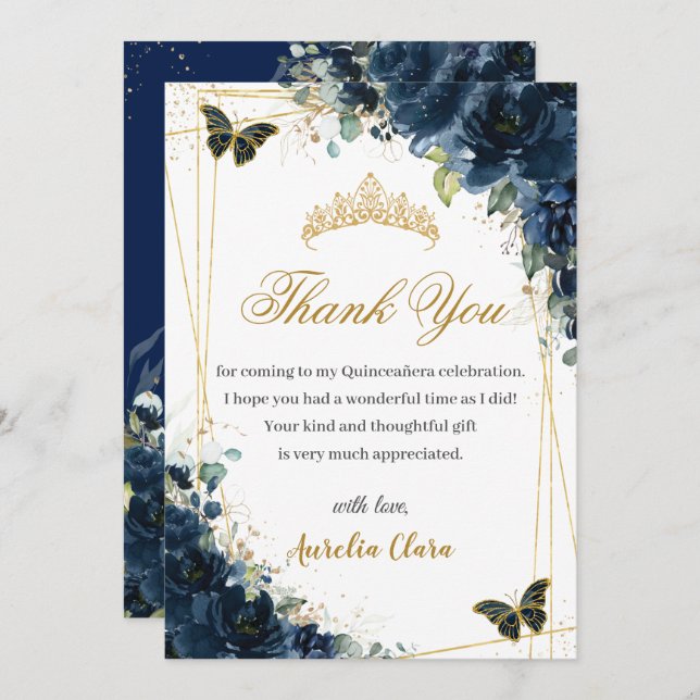 Quinceañera Navy Blue Blommigt Guld Butterflies Tack Kort (Fram/baksida)