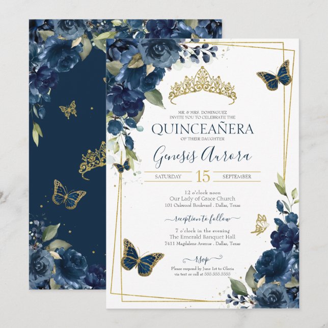 Quinceañera Navy Blue Blommigt Guld Butterfly Inbjudningar (Fram/baksida)