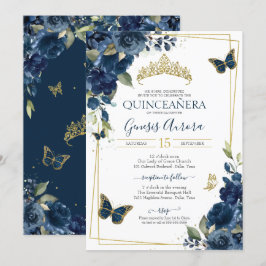 Quinceañera Navy Blue Blommigt Guld Butterfly Inbjudningar