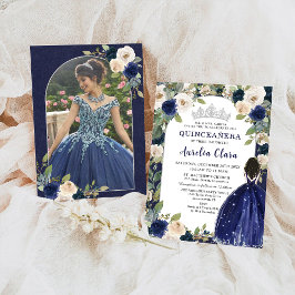 Quinceañera Navy Blue Blommigt Princess Birthday Inbjudningar