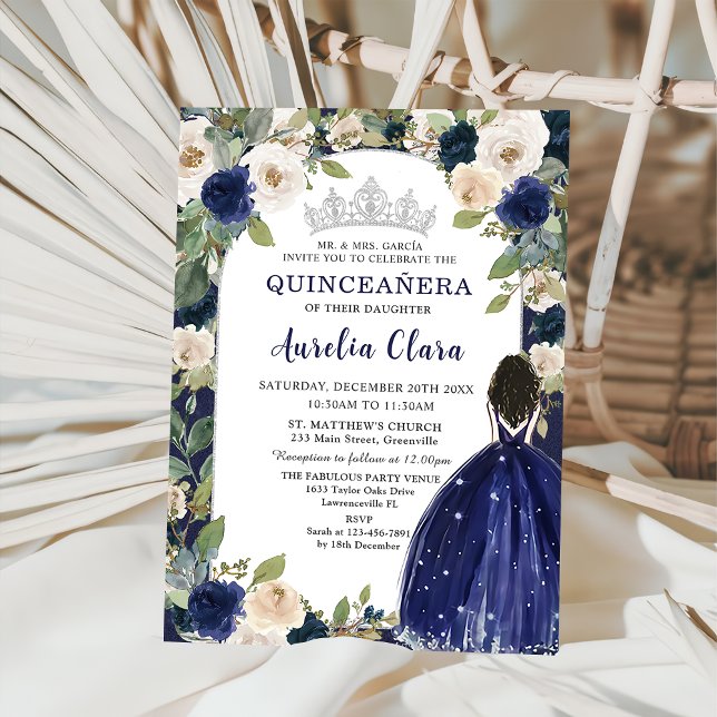 Quinceañera Navy Blue Blommigt Princess Birthday Inbjudningar (Skapare uppladdad)