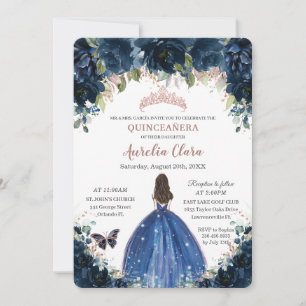 Quinceañera Navy Blue Blommigt Princess Ro Guld Inbjudningar
