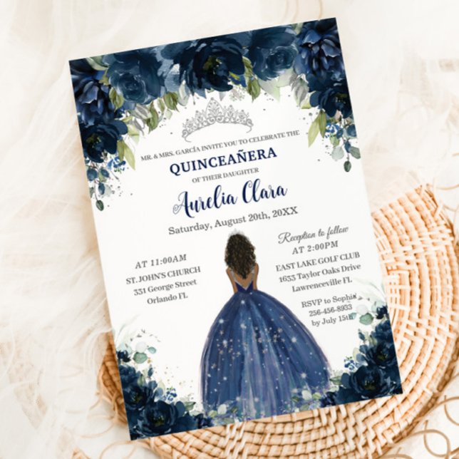 Quinceañera Navy Blue Blommigt Silver Brown Prince Inbjudningar (Skapare uppladdad)
