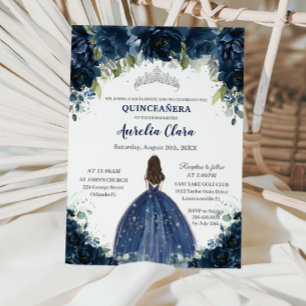 Quinceañera Navy Blue Blommigt Silver Princess Kro Inbjudningar