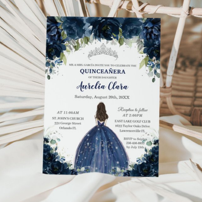 Quinceañera Navy Blue Blommigt Silver Princess Kro Inbjudningar (Skapare uppladdad)