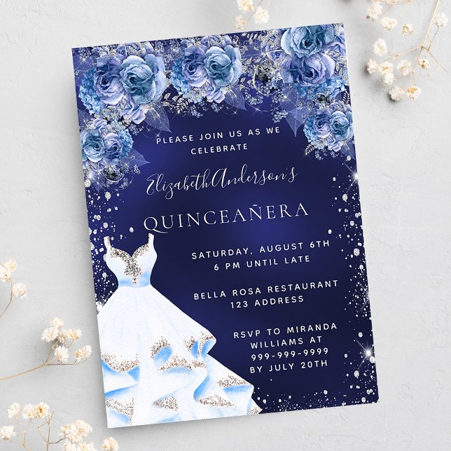 Quinceanera navy blue dress blommigt glamous inbjudningar (Skapare uppladdad)