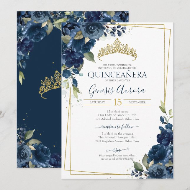 Quinceañera Navy Blue Elegant Watercolor Blommigt Inbjudningar (Fram/baksida)