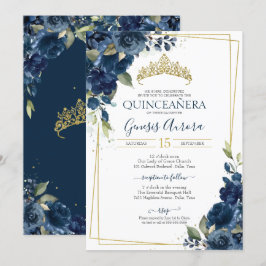 Quinceañera Navy Blue Elegant Watercolor Blommigt Inbjudningar