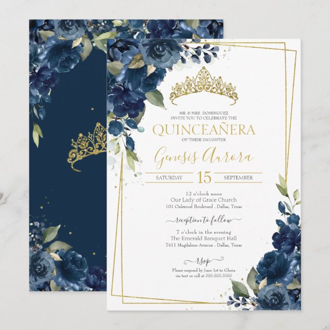Quinceañera Navy Blue Elegant Watercolor Blommigt  Inbjudningar (Fram/baksida)