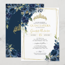 Quinceañera Navy Blue Elegant Watercolor Blommigt  Inbjudningar